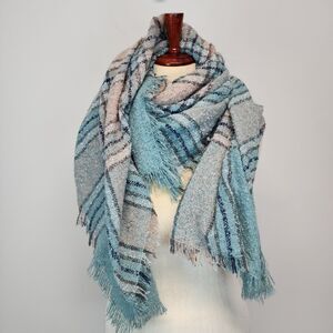 Simply Southern Chunky Knit Plaid Blanket Scarf Shawl Wrap Blue Pink 55x55"